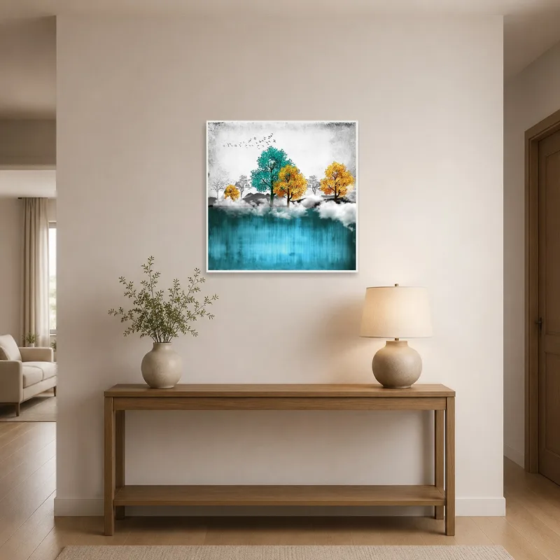 Bright tree scene welcomes guests in a sophisticated entrance hall.