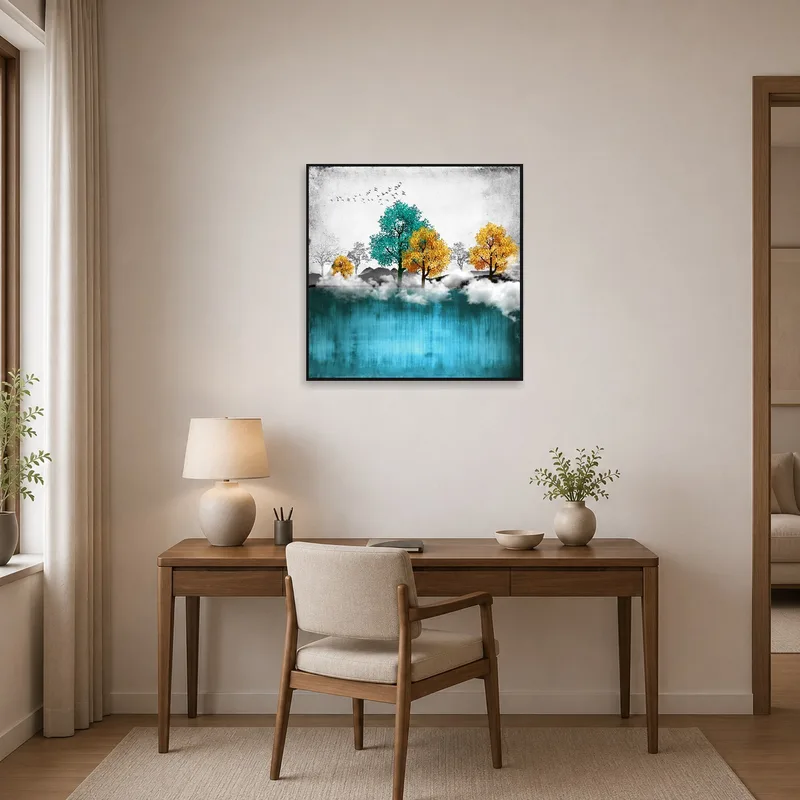 Tree landscape inspires creativity in a modern home office space.