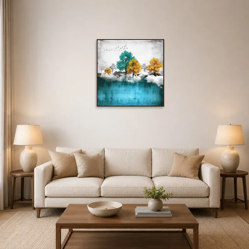 Vibrant tree landscape with clouds in a cozy, sunlit living room setting.