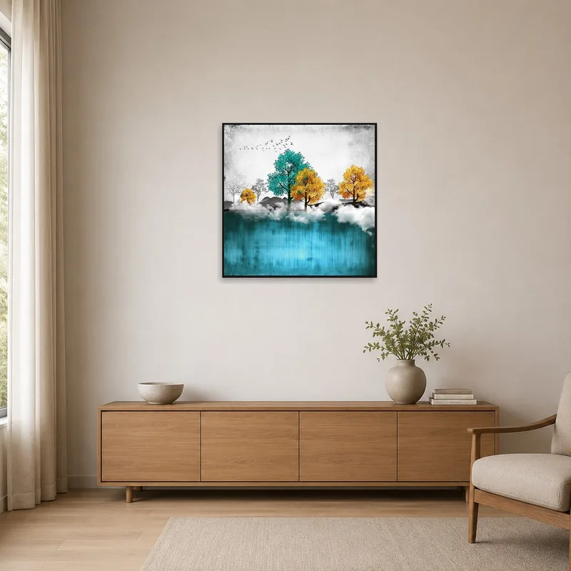 Colorful tree landscape adds a touch of nature to a minimalist room.