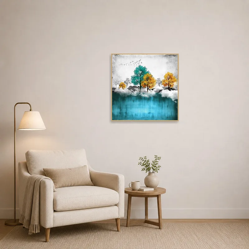 Eye-catching tree landscape beside a comfy chair in a reading corner.