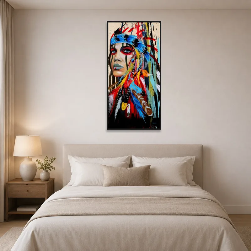 A vivid tribal portrait with colorful feathers above a cozy bedroom setting.