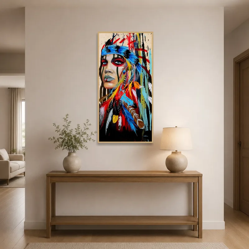 An entrance hall showcasing a colorful tribal portrait featuring vivid feathers.