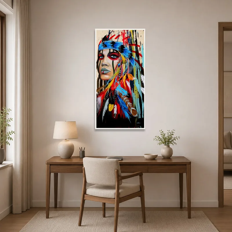 A tribal portrait with colorful feathers adding energy to a home office.