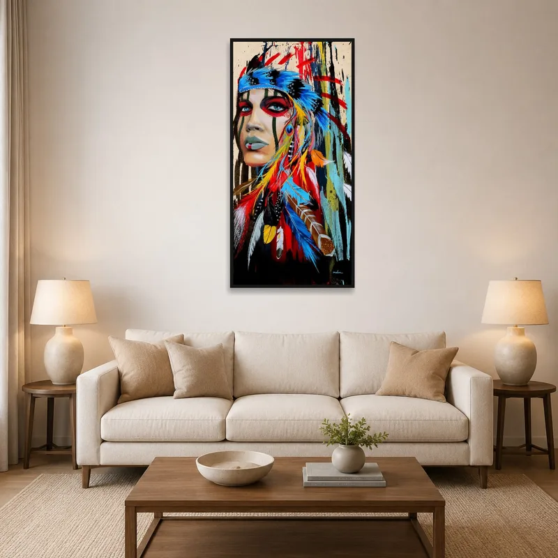 A vibrant tribal portrait with colorful feathers in a cozy living room setting.