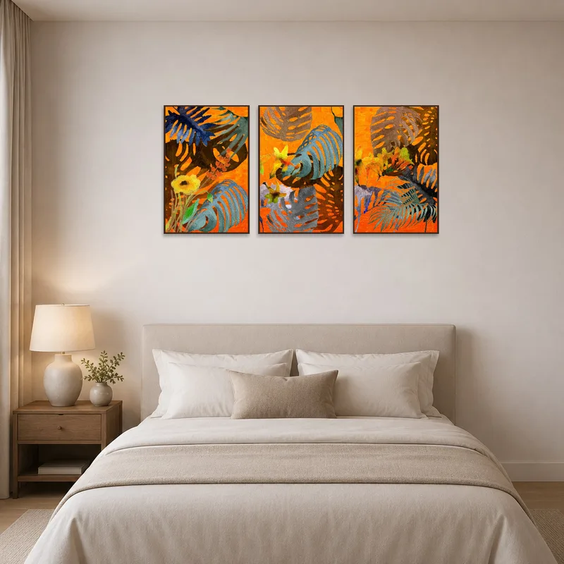 The bedroom features a vibrant tropical foliage abstract triptych as a focal point.