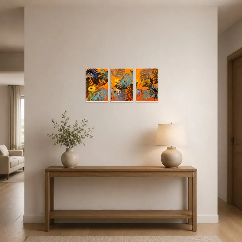 An entrance hall is brightened by the tropical foliage abstract triptych.