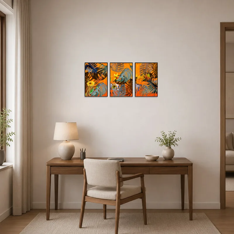A tropical foliage abstract triptych brings life to a neutral home office.