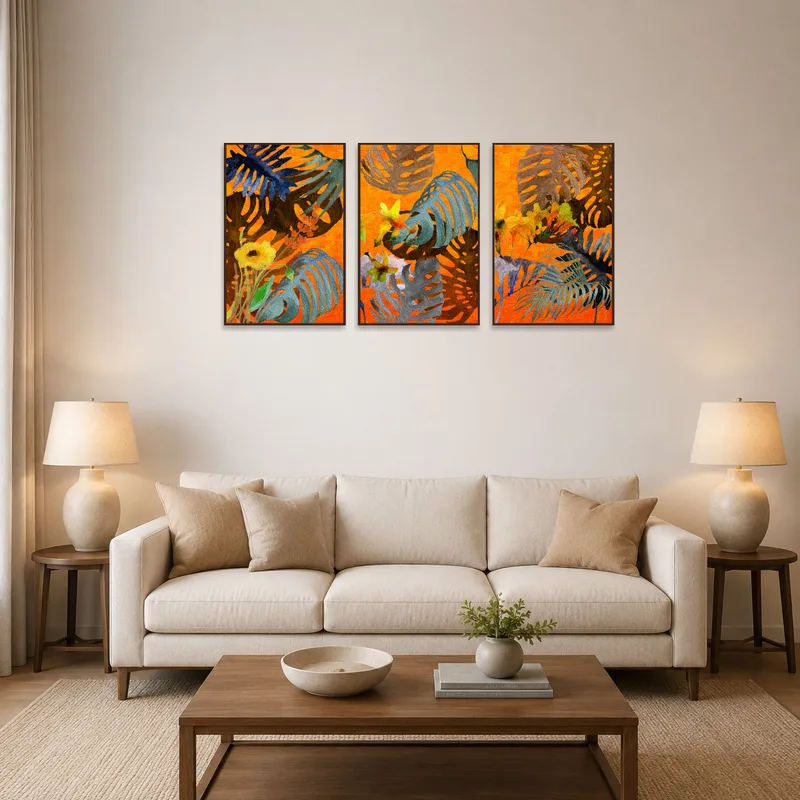 A vibrant tropical foliage abstract triptych hangs in a colorful living room setting.
