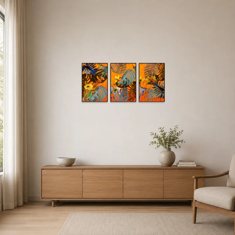 The tropical foliage abstract triptych adds boldness to a minimalist room.
