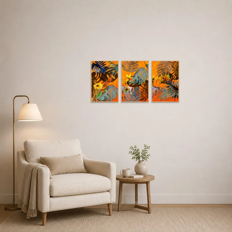 Cozy reading corner with a vibrant tropical foliage abstract triptych on the wall.
