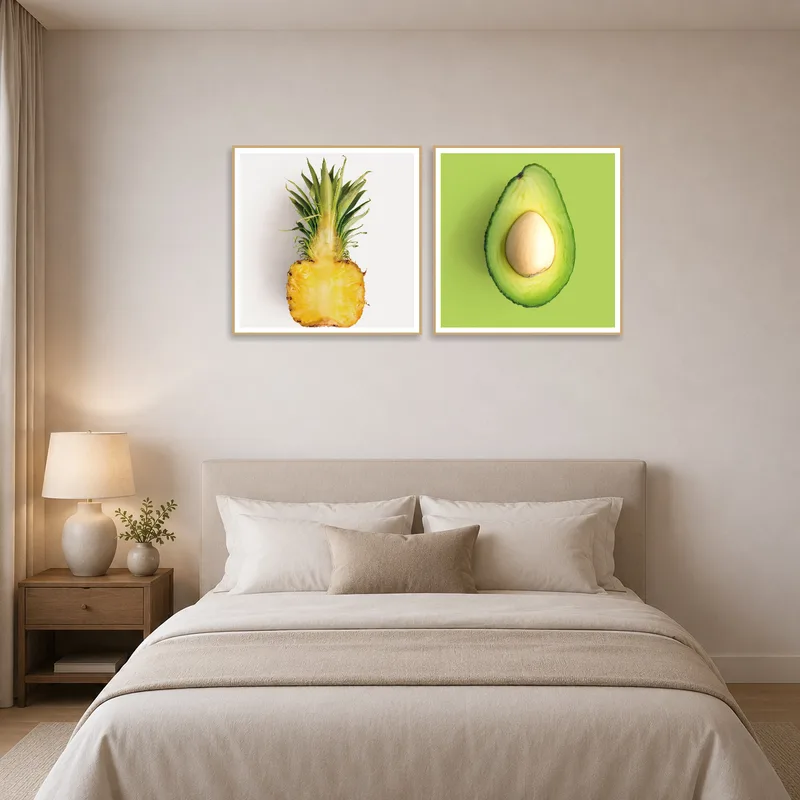 Vivid fruit art pair livens up a calming bedroom environment.