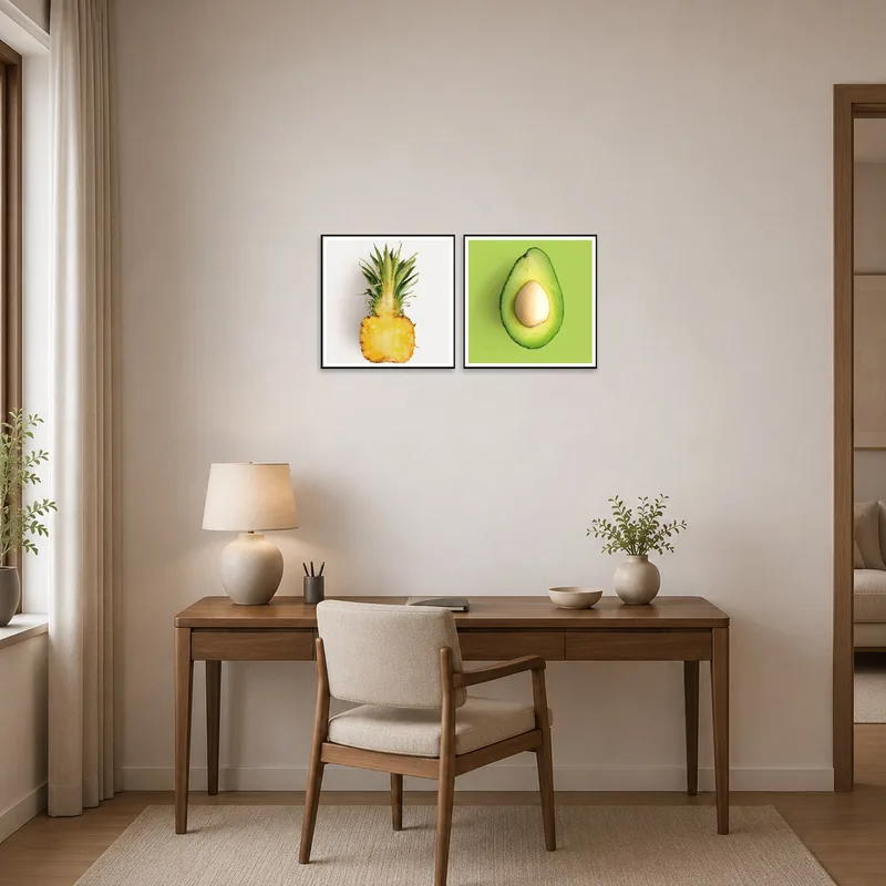 Energetic fruit pieces energize a focused home office space.
