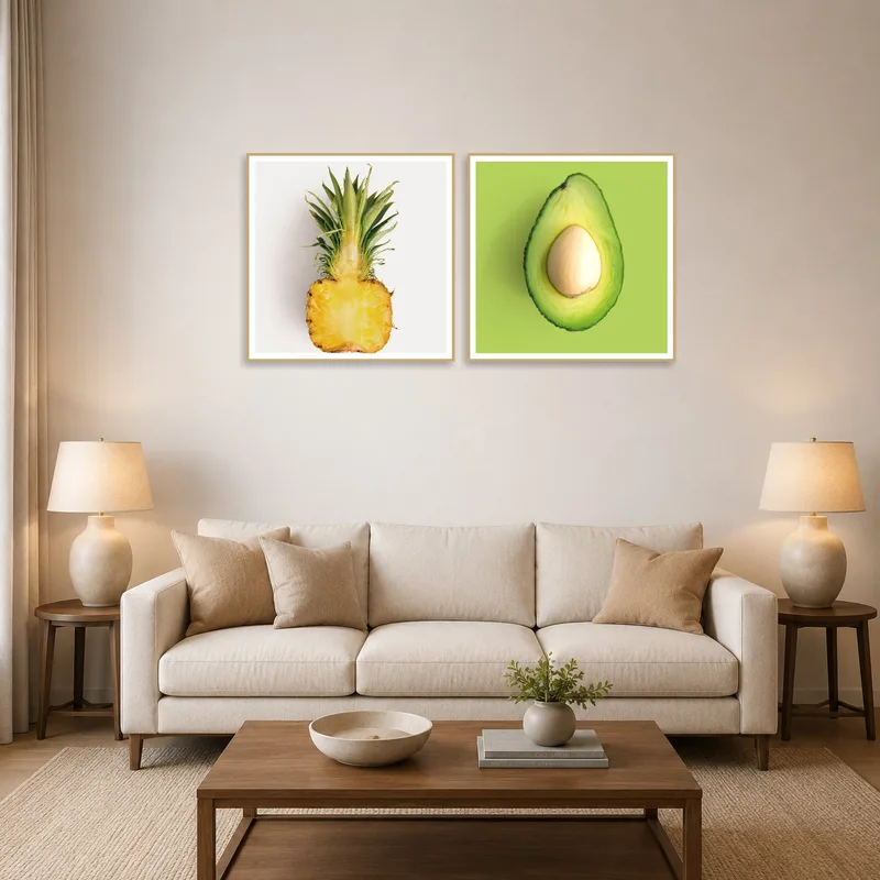 Vibrant tropical fruit artwork adorns a living room wall with cozy seating.
