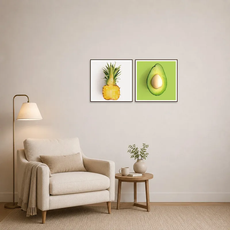 Tropical fruit art brings a pop of color to the cozy reading corner.