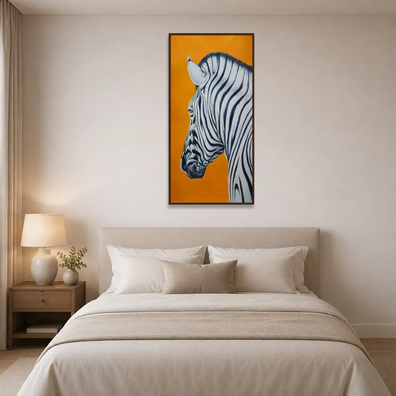 The bedroom features a vibrant zebra portrait on an orange background, adding warmth.
