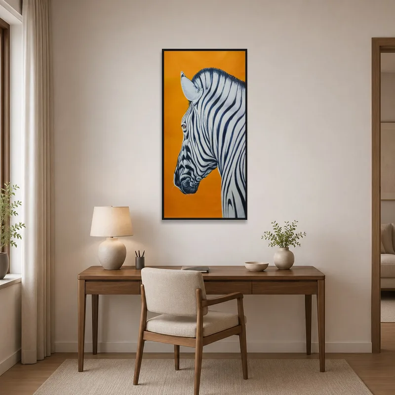 In the home office, the zebra on orange serves as a bold focal point.