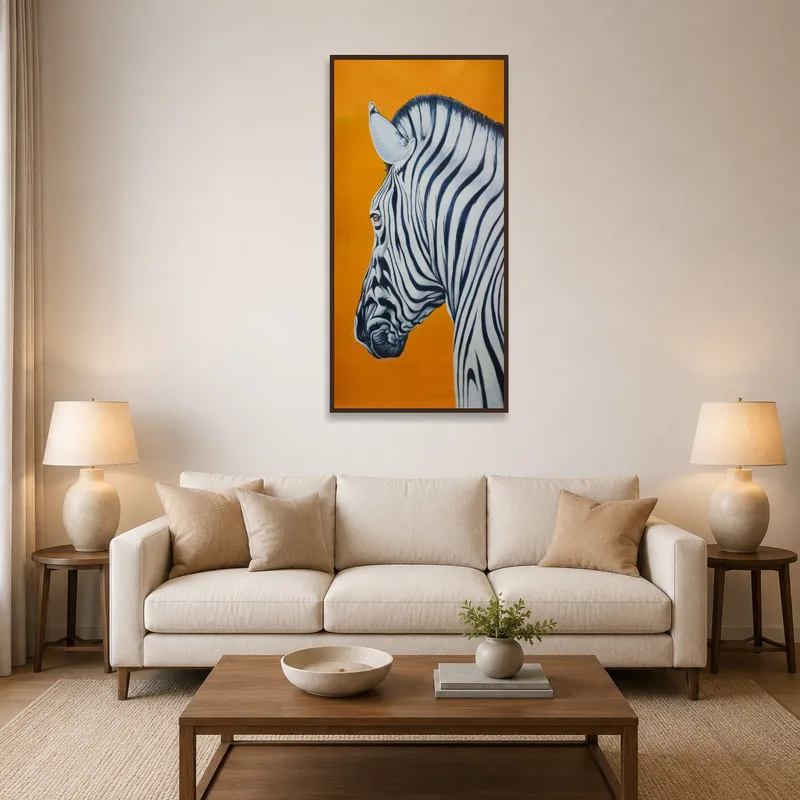 A vibrant zebra portrait on an orange background hangs in a cozy living room.