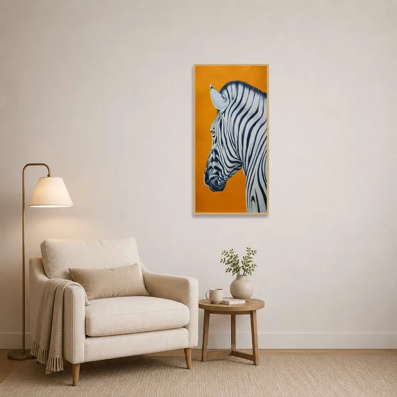 In the reading corner, the zebra against orange brings lively energy to the space.