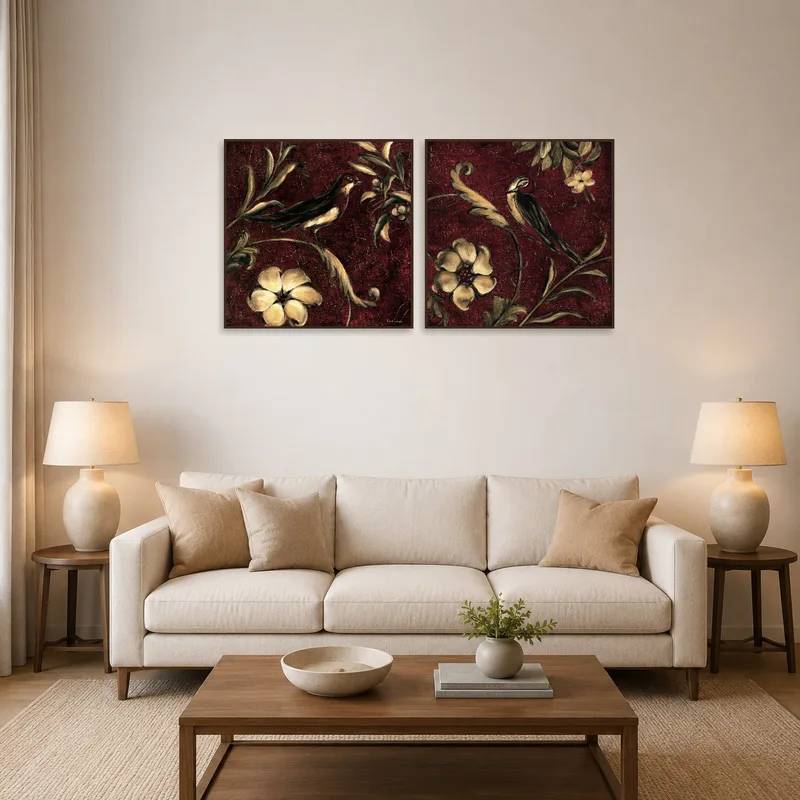 Vintage bird and floral art set hanging above a cozy sofa in the living room.