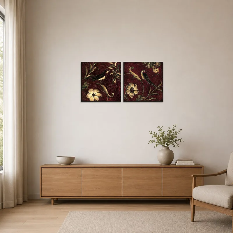 Bird and flower artwork set on a minimalist wall with clean lines.
