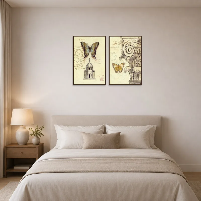 Vintage butterfly and structural art enhancing the ambiance of a calm bedroom.
