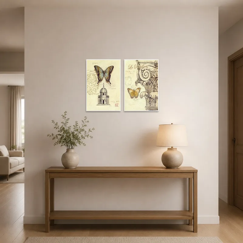 Artwork set showcasing butterflies and architecture in a welcoming entrance hall.
