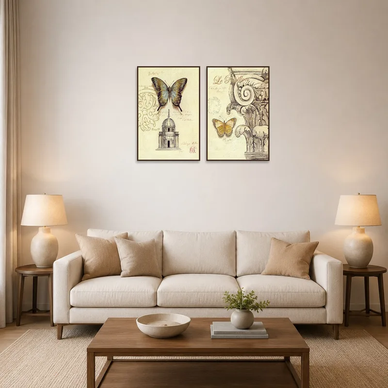 Vintage butterfly and architectural art on a living room wall next to a cozy sofa.