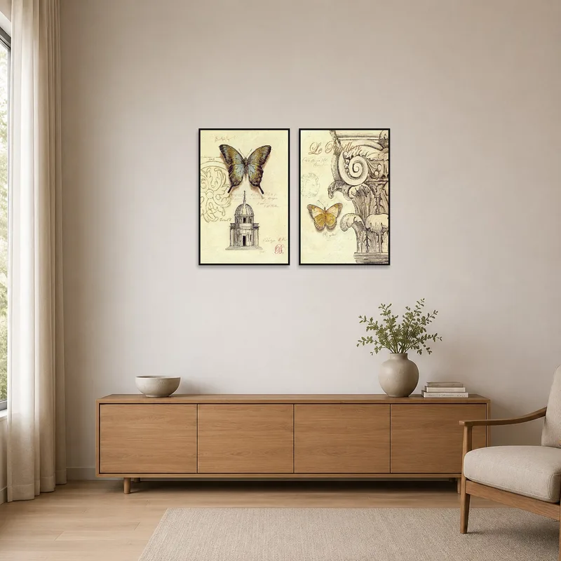 Vintage butterfly and architectural pieces in a minimalist room with sleek furniture.