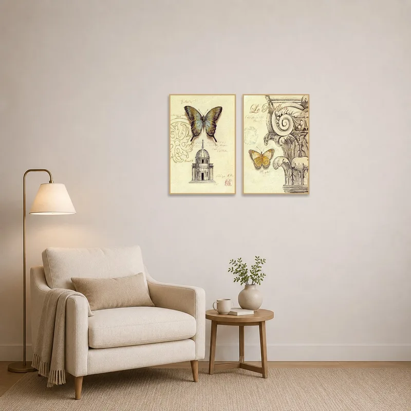 Butterfly and architectural art displayed in a reading corner with a comfy chair.