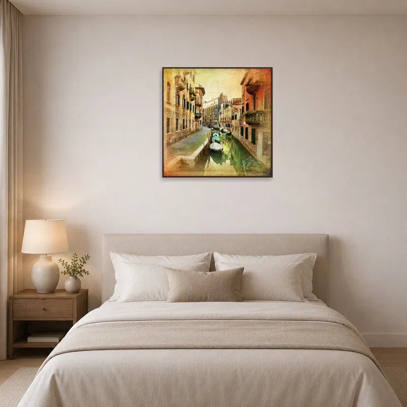 Venice print complements serene bedroom with soft lighting and bedding