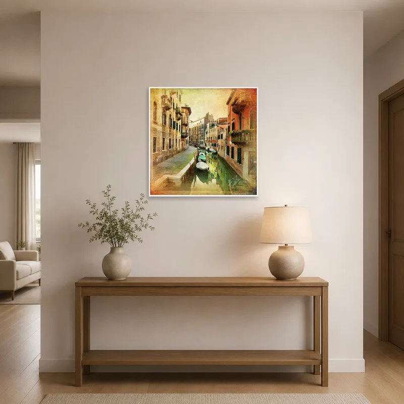 Print of Venice canal welcomes guests in entrance hall with wooden bench