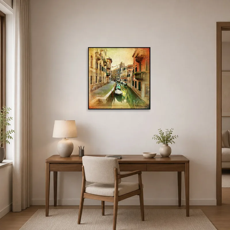 Canal scene print brightens home office workspace with desk and chair