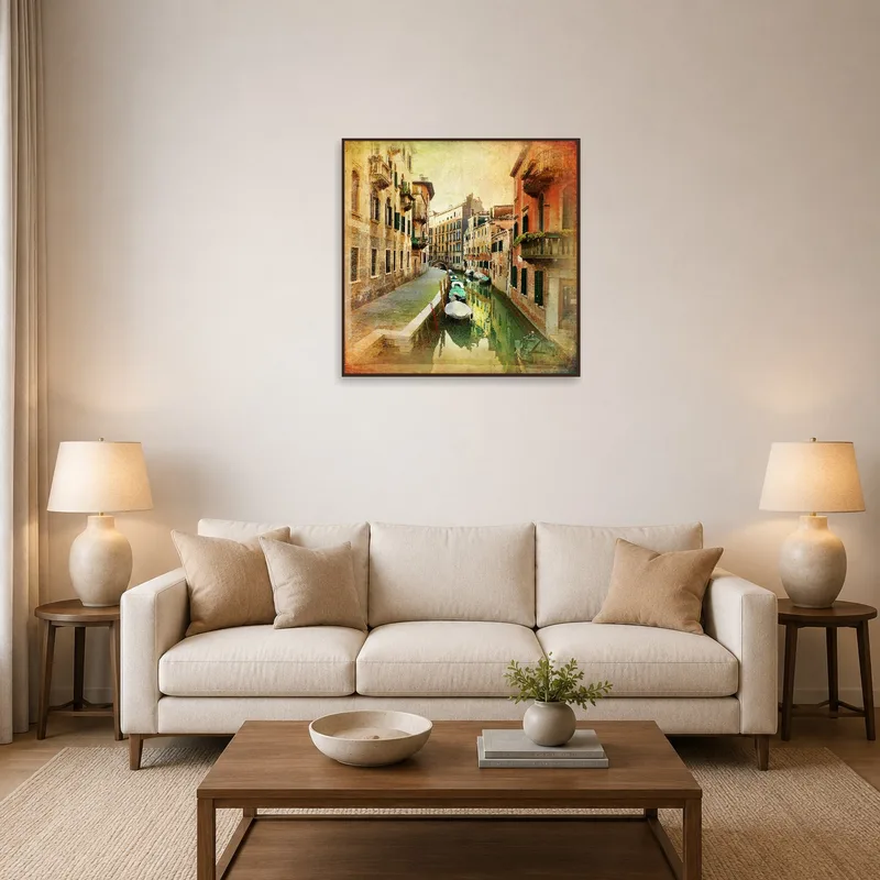 Venice canal print on living room wall beside plants and sofa