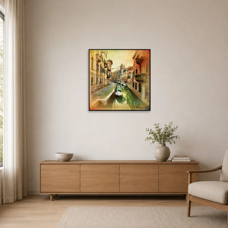 Venice canal art in minimalist room with clean lines and neutral tones