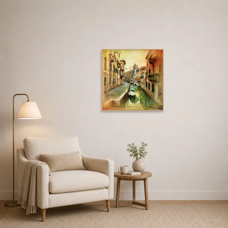 Vintage Venice canal scene adds charm to reading corner with cozy chair