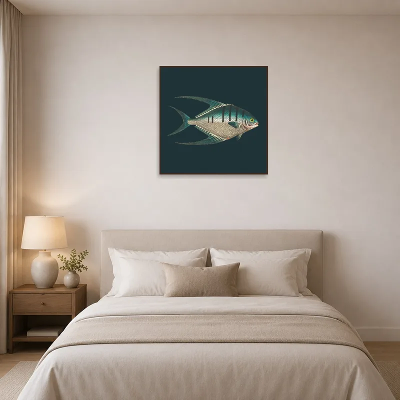 Fish illustration print creates a serene atmosphere in a tranquil bedroom.