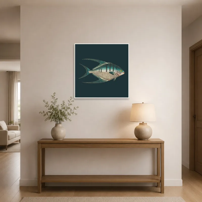 Vintage fish print welcoming guests in an entrance hall with a coastal vibe.