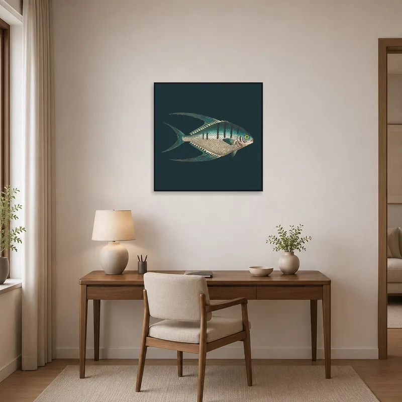 Vintage fish print enhances a productive ambiance in a marine-inspired home office.