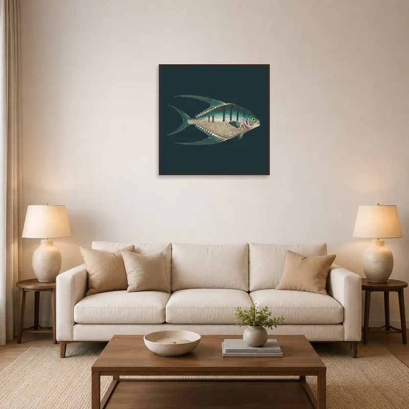 Vintage coastal fish print hanging above a sofa in a nautical-themed living room.