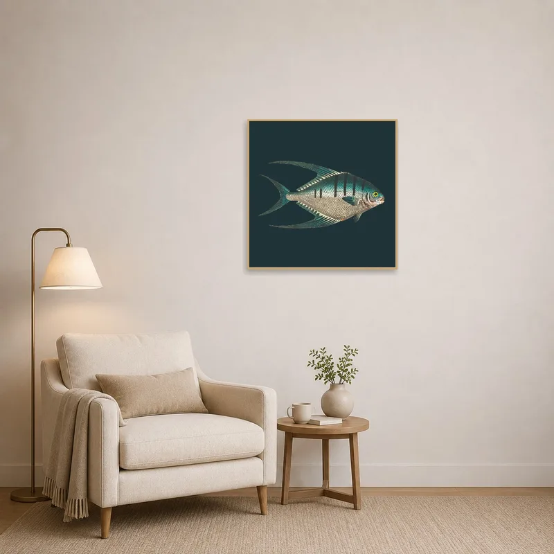 Coastal fish print adds charm to a cozy reading corner filled with natural light.