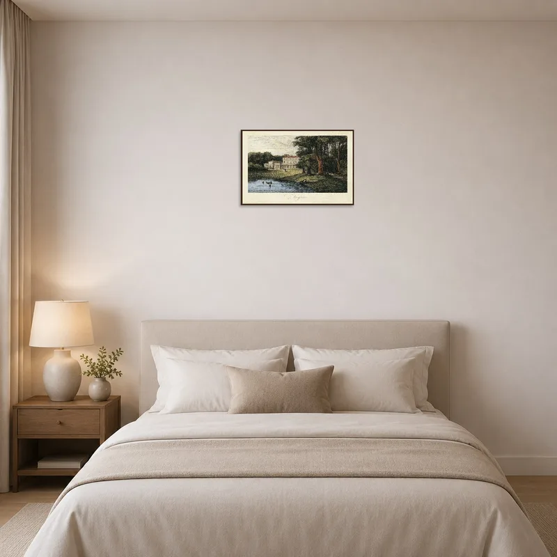 Peaceful lake view art hanging in serene bedroom.