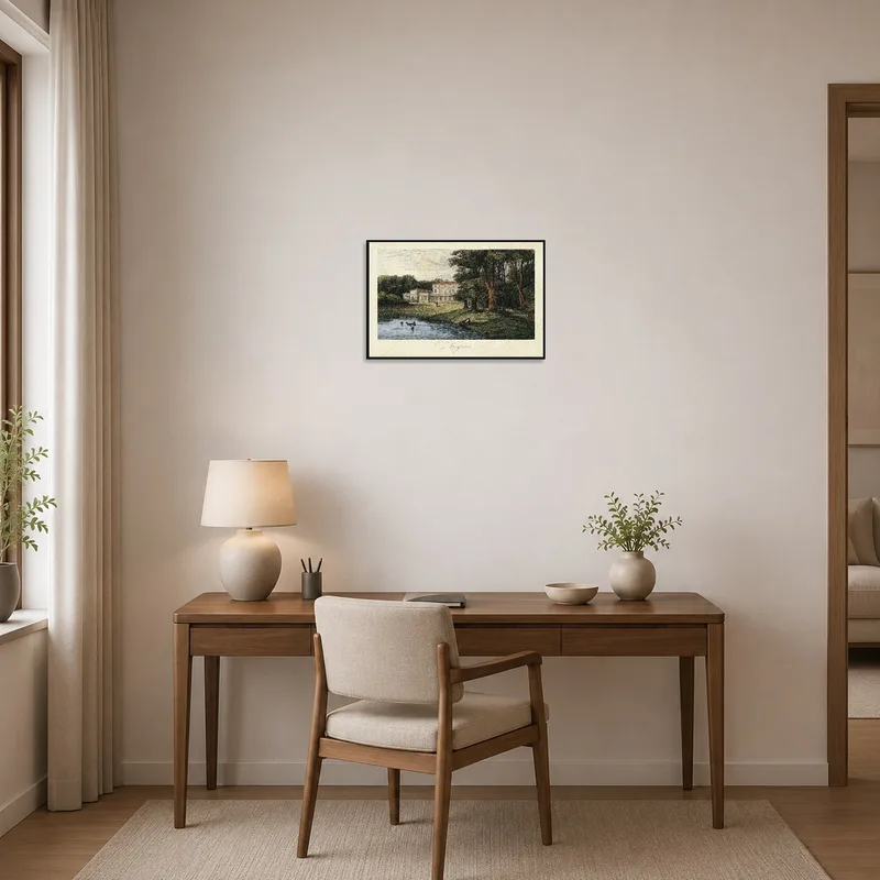 Vintage manor artwork inspiring home office ambiance.