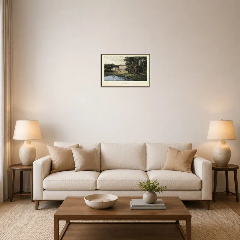 Vintage countryside manor art above sofa in cozy living room.