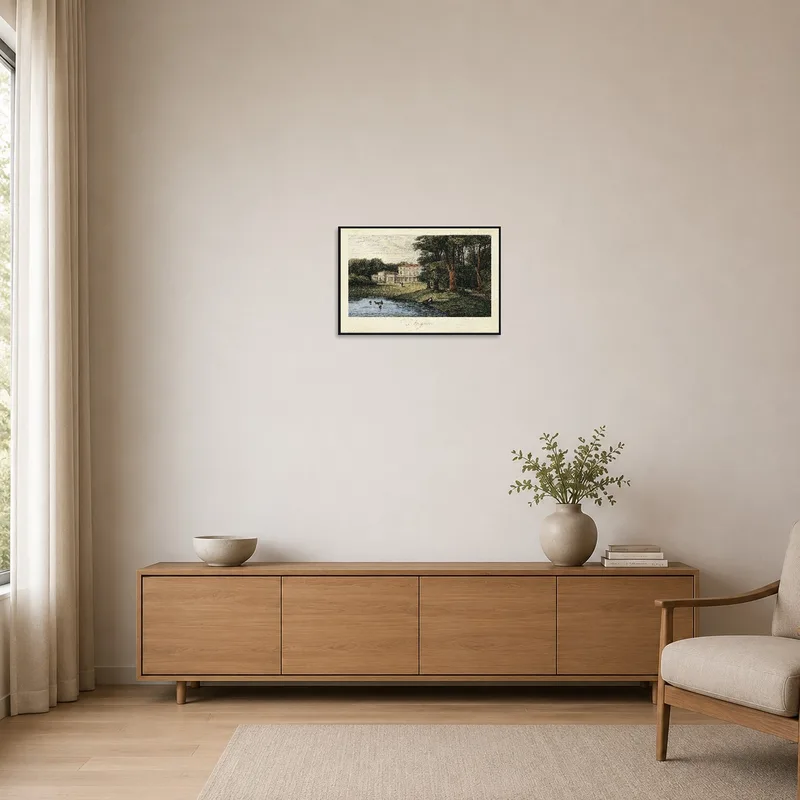 Countryside manor scene adding charm to minimalist room.