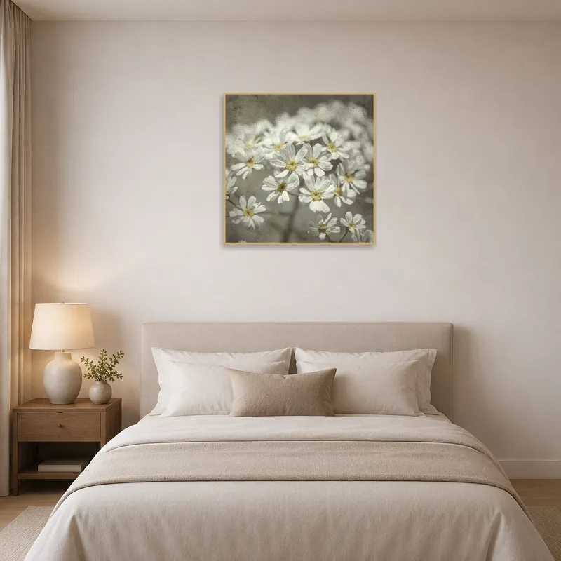 Vintage floral blossoms print over a serene bed space.