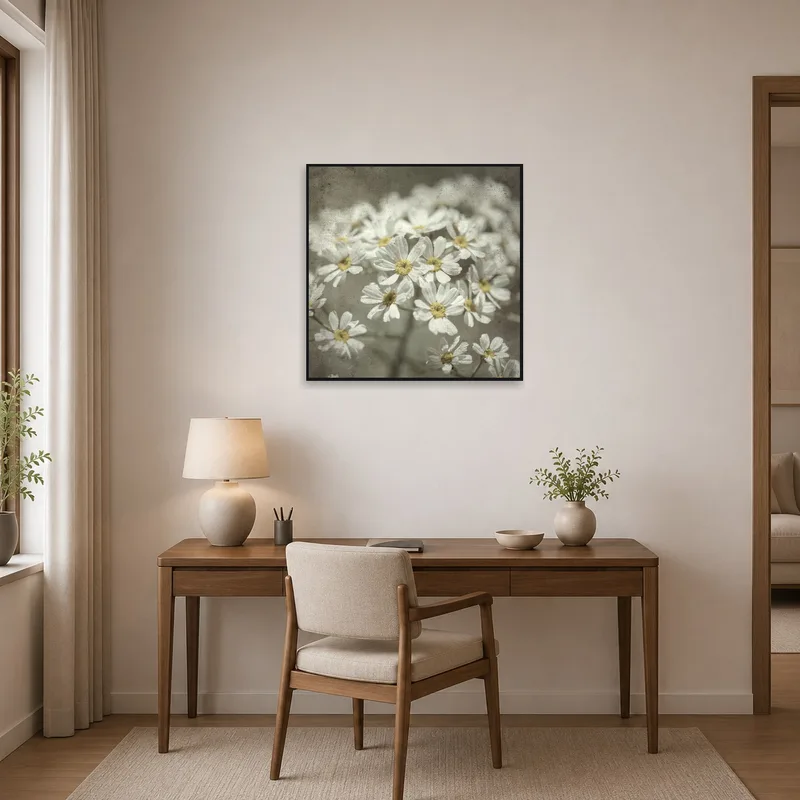 Art print creates ambiance in a tidy home office.