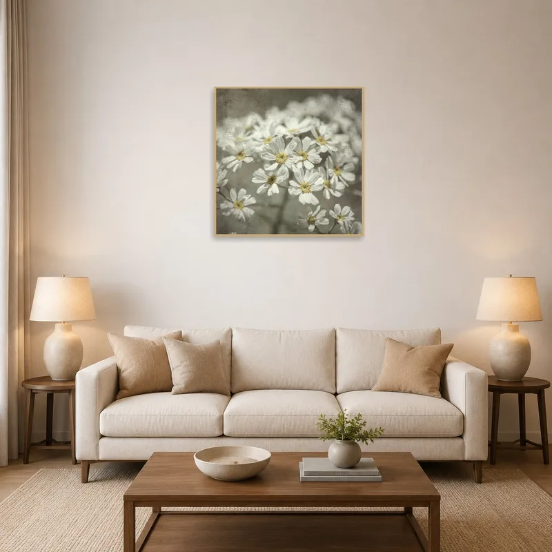Vintage floral art print above a cozy living room sofa.