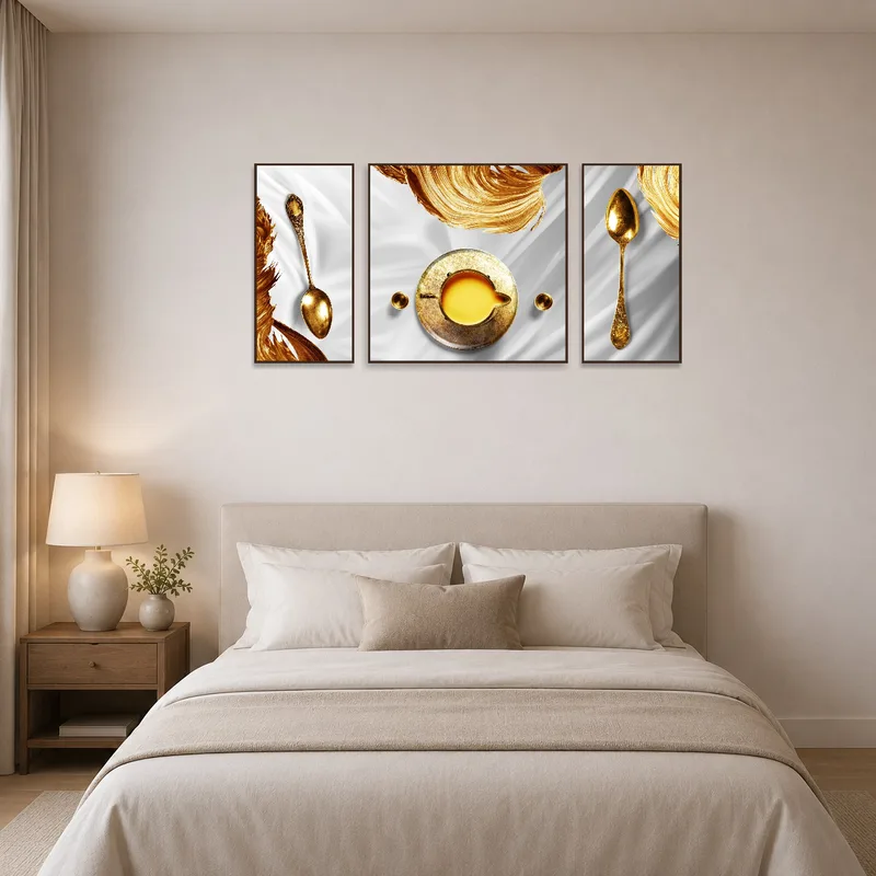 Bedroom enhanced by art set of a vintage gold spoon and abstract swirls for a tranquil vibe.