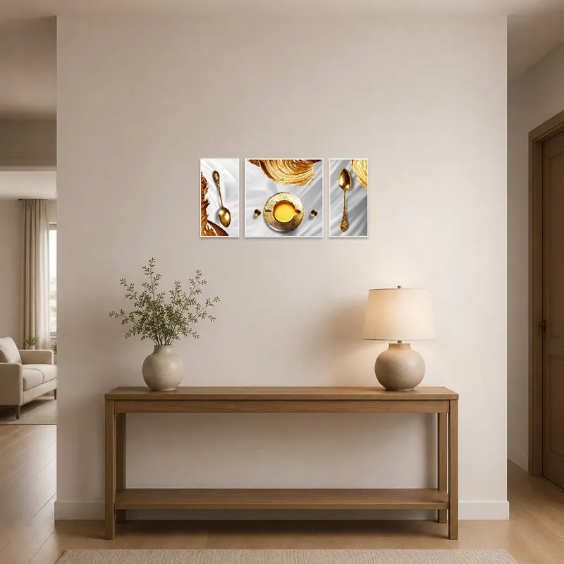 Entrance hall with vintage gold spoon and abstract swirl art adding an inviting touch.